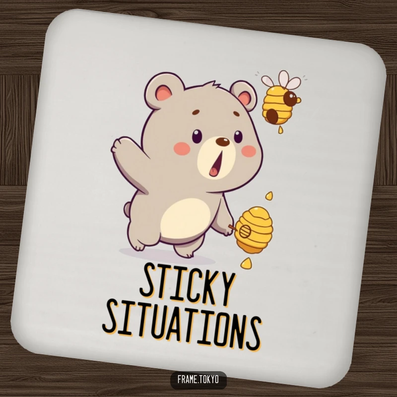 Funny bear drink coaster featuring a surprised bear comically chasing a dripping beehive, a humorous addition to any table.