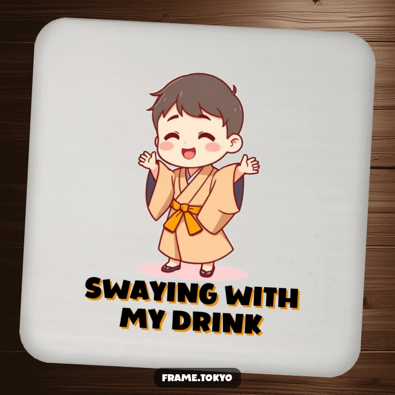 Funny coasters with a happy character in a Japanese robe doing a silly dance, adding cheer to tabletops.
