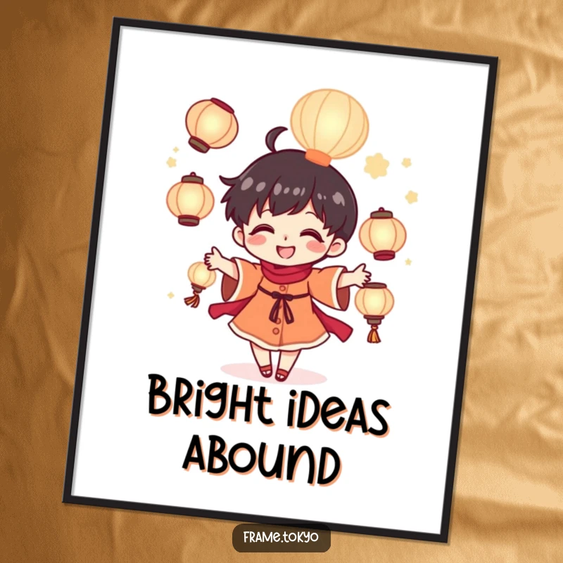 Funny tiny juggler poster featuring a cheerful character joyfully juggling illuminated glowing lanterns, creating a magical atmosphere.