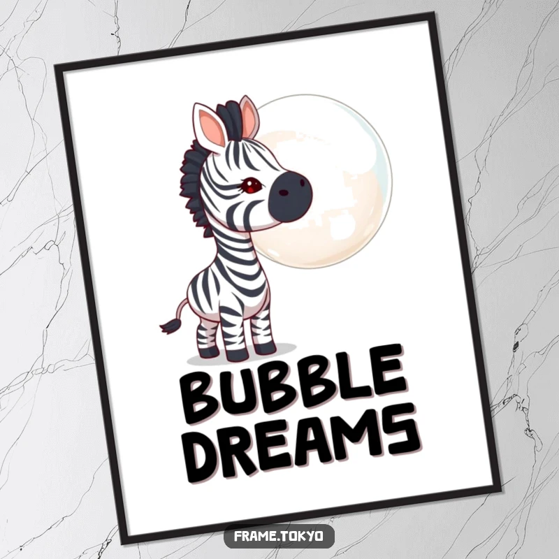 Funny zebra poster, curious head tilt, sniffing a giant transparent bubble, creating a whimsical and lighthearted wall decor piece.