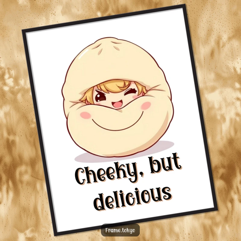 Funny dumpling sneak poster featuring a character with a mischievous grin peeking from behind a large, smiling dumpling.