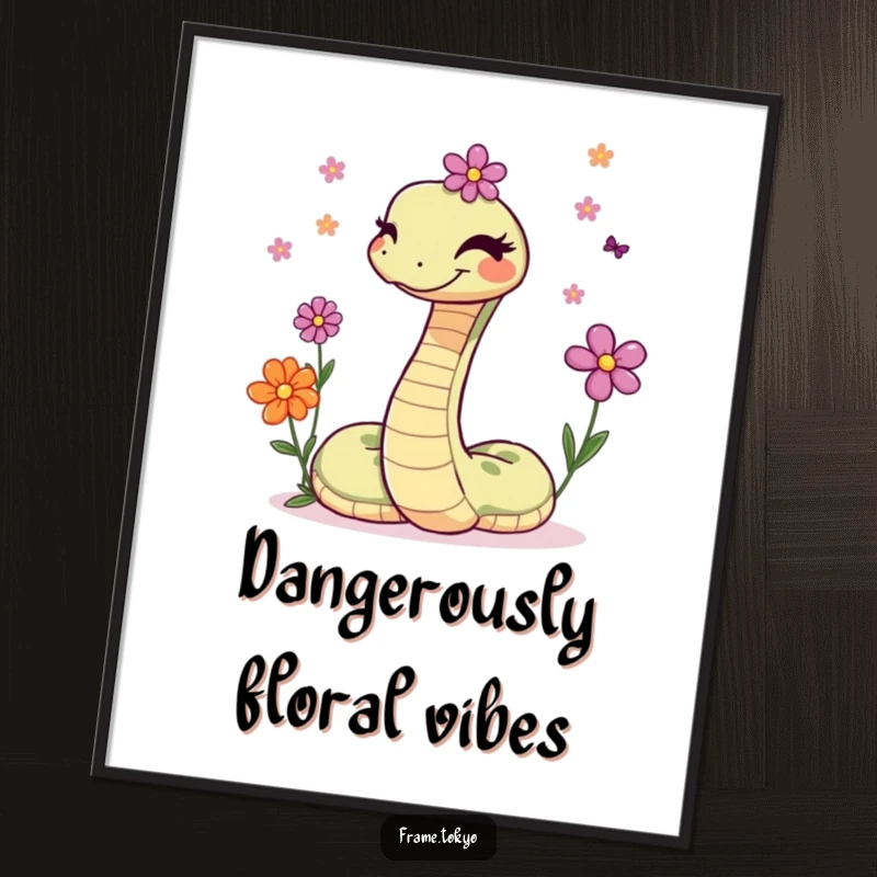 Funny poster showing a winking snake skillfully juggling an array of small, vibrant, and colorful flowers.