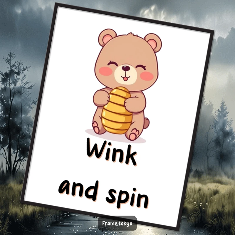 Funny poster art of a playful, winking bear skillfully balancing a tiny, spinning honey dipper, radiating charming and humorous dexterity.