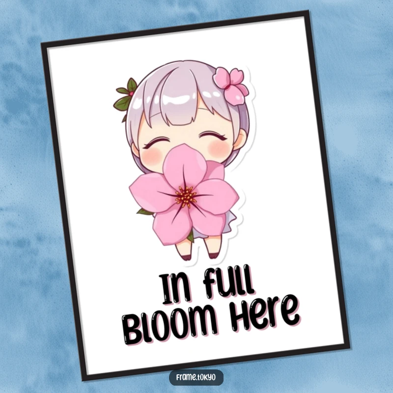 Funny Poster: Artistic depiction of a character with eyes closed and a smile, embracing a massive cherry blossom.