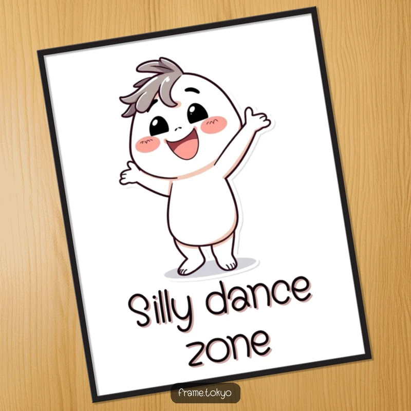 Funny character poster showcasing a person with a giant smile, striking a hilariously silly dance pose.
