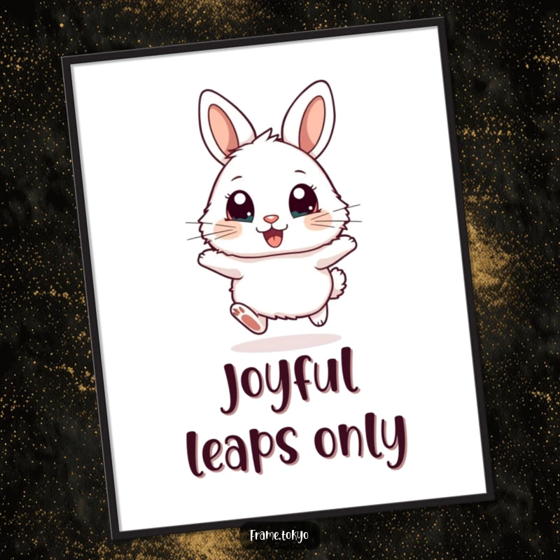 Funny poster capturing a fluffy rabbit with large, excited eyes, mid-hop in a moment of pure, unadulterated joy.