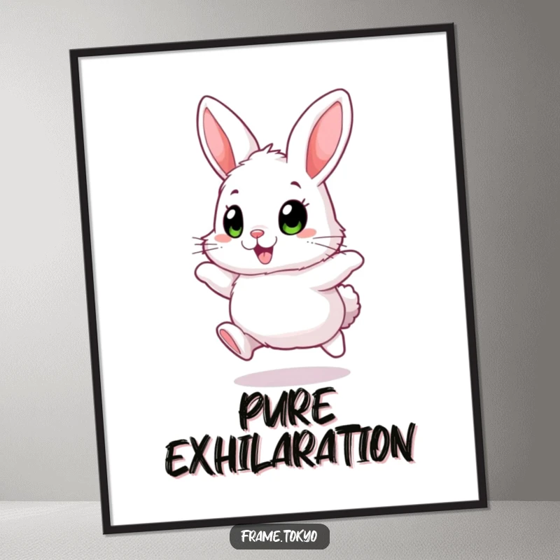 Funny Fluffy Rabbit Poster with big, excited eyes, joyfully hopping, for cheerful and humorous wall art.