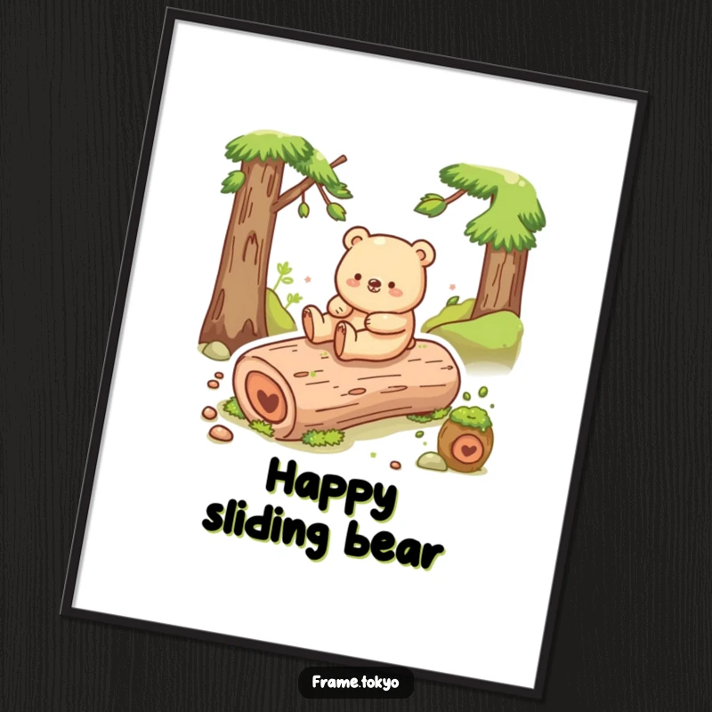 Funny bear poster depicting a happy bear with a playful shuffle, sliding gleefully down a smooth, mossy log with pure joy.