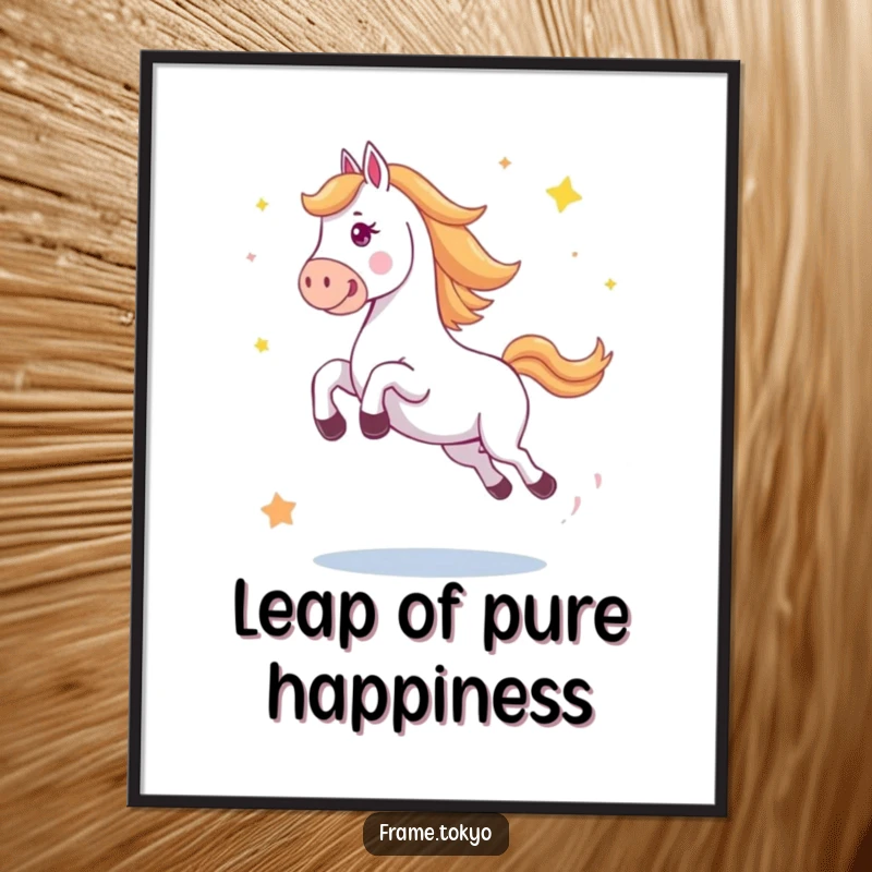 Funny horse poster showing a horse in a big, happy jump with abstract stars scattering around, creating a sense of dynamic movement.