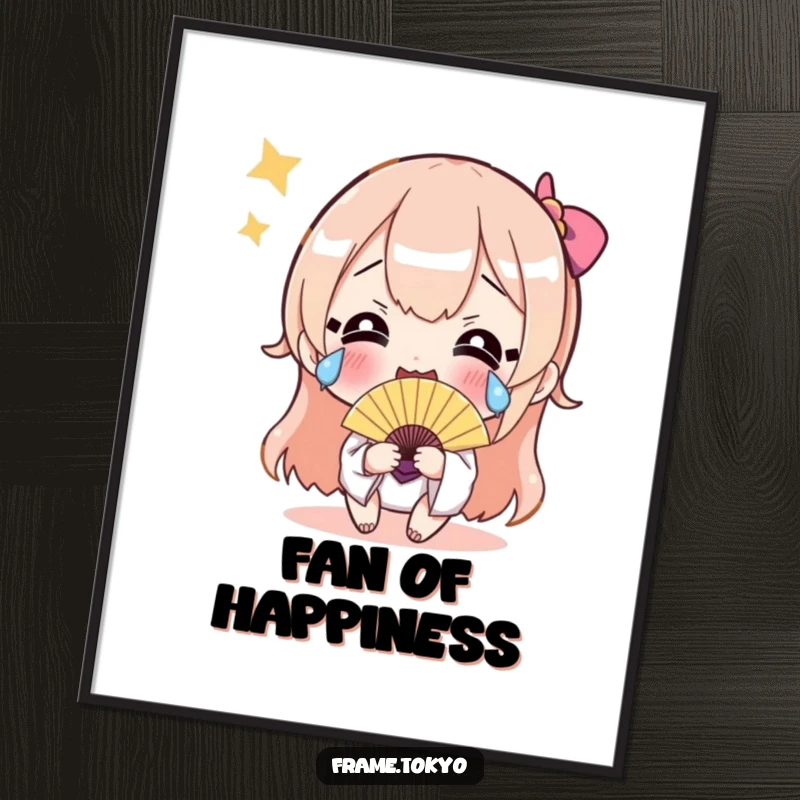 Funny poster of a character with exaggerated happy tears and a shimmering fan, perfect for humorous wall art and joyful decor.