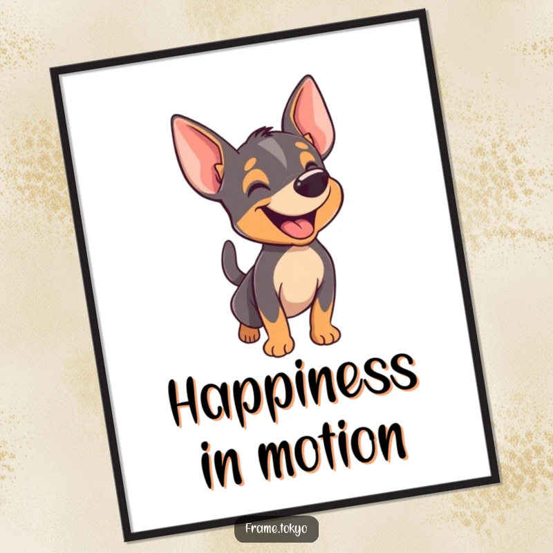 Funny pinscher poster capturing a dog happily barking with its tail wagging furiously, radiating infectious joy and excitement.