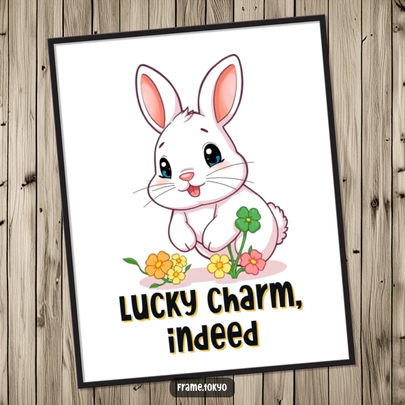 Funny poster showcasing a rabbit with a playful nose twitch, enthusiastically chasing a large, bouncy, colorful clover.