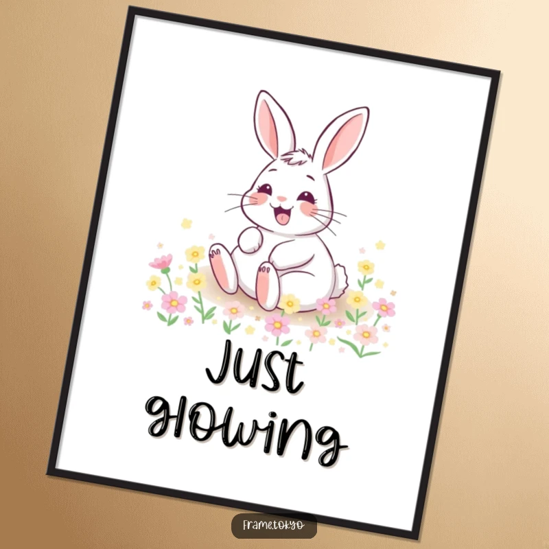 Funny poster depicting a happy rabbit with a wide grin, rolling joyfully in a field filled with tiny, glowing flowers.
