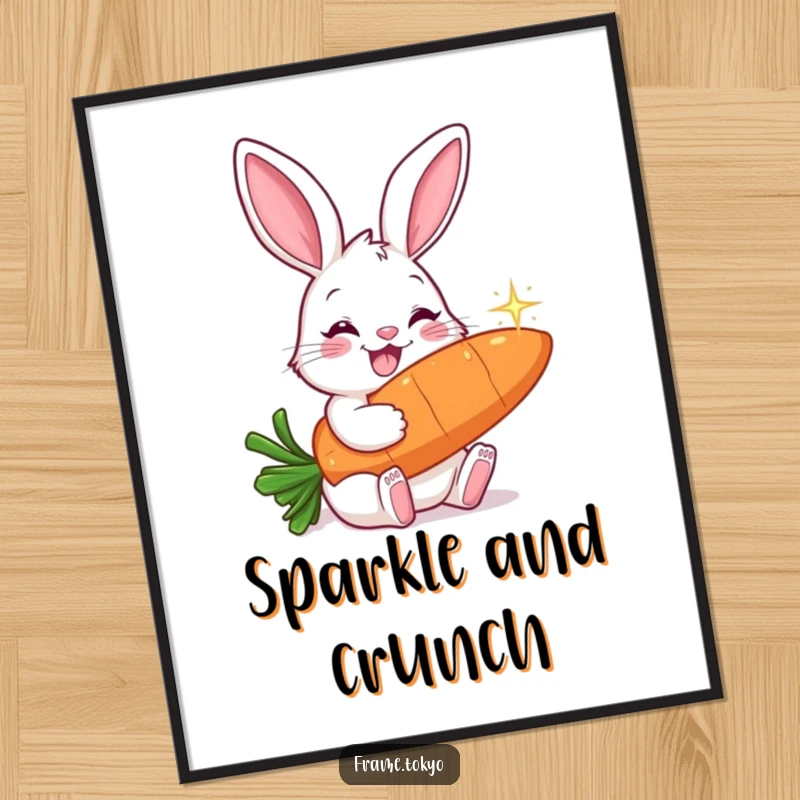 Funny poster featuring a smiling rabbit with long ears, joyfully nibbling on a massive, sparkling carrot.
