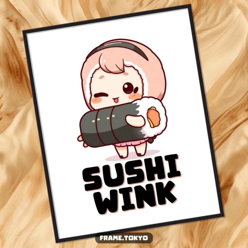 Funny poster of a winking character holding a long sushi roll, perfect for humorous wall decor and adding foodie flair.