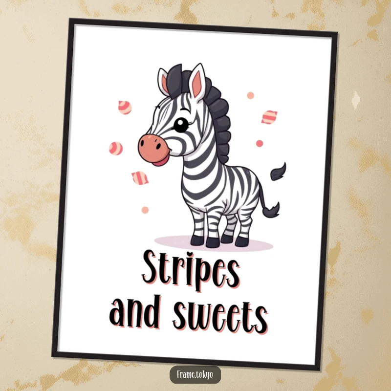 Funny zebra joyfully waving while juggling small, striped candies, a delightful and humorous art print.