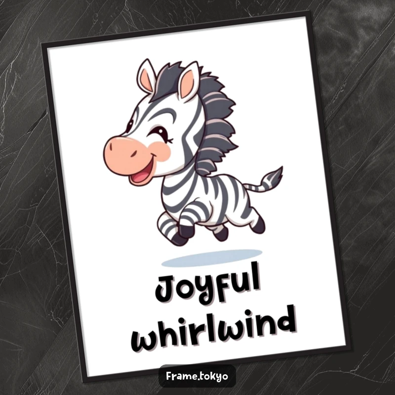Funny zebra poster; a happy zebra energetically chases its striped tail, capturing a moment of pure joy.