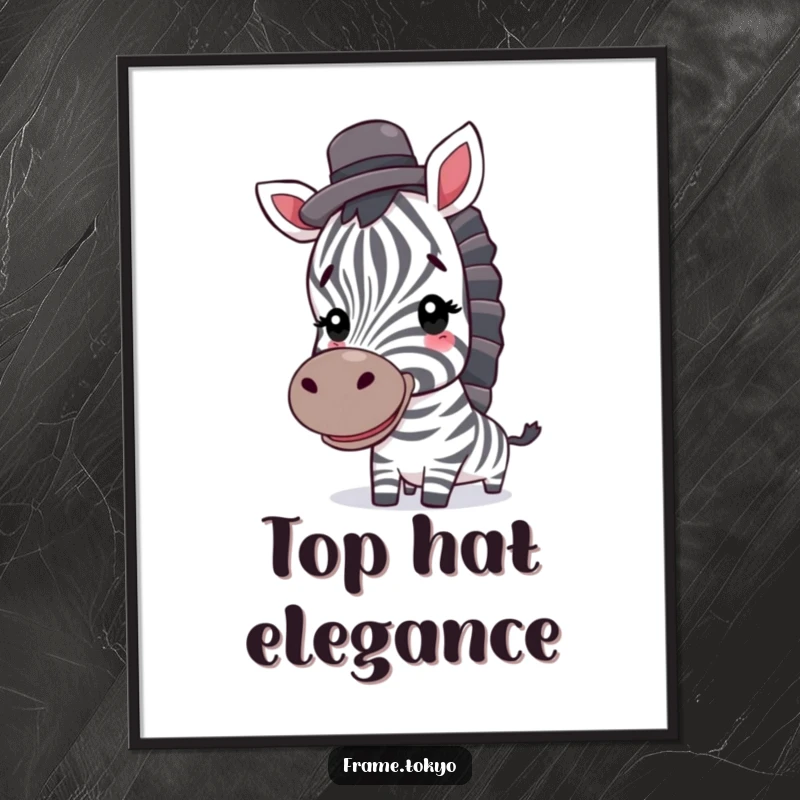Funny zebra poster; a smiling zebra with a small top hat looks dapper and cheerful, bringing smiles.