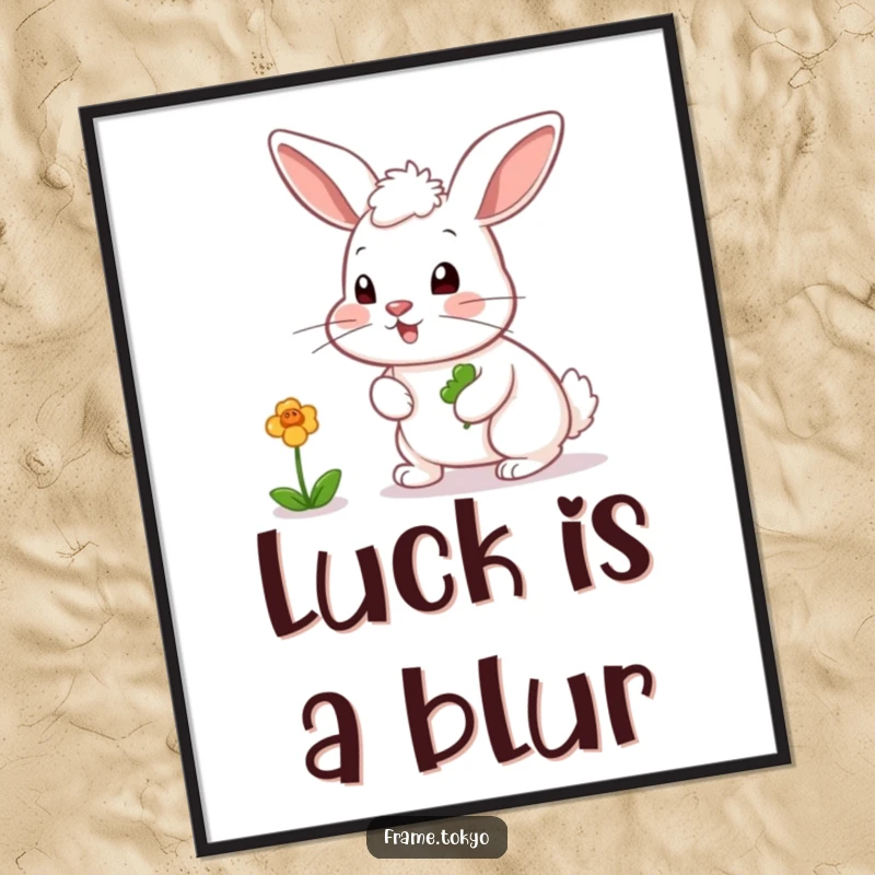 Funny poster featuring a rabbit with a twitching nose, playfully in pursuit of a bouncing, colorful clover.