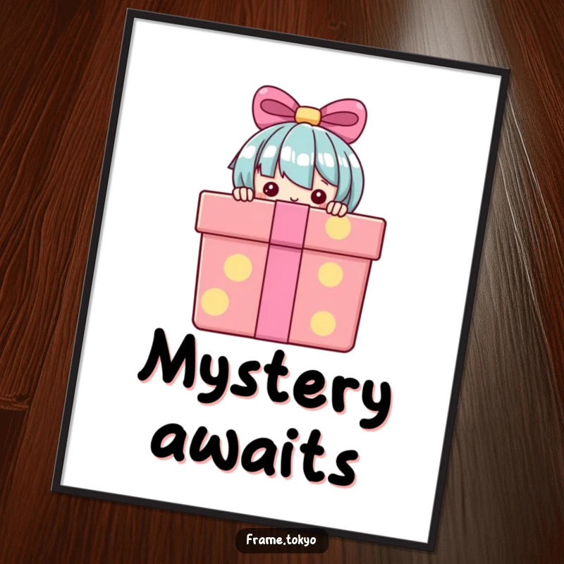Funny Poster depicting a character peeking with curiosity from behind a large, vividly colored gift box, adding humor to wall decor.