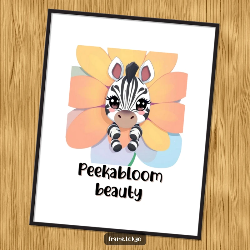 Funny zebra poster; a curious zebra with sparkling eyes peeks from behind a large, colorful flower, full of wonder.