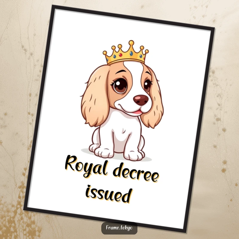 Funny Spaniel Poster showcasing a spaniel with a mischievous expression, adorned with a tiny golden crown.