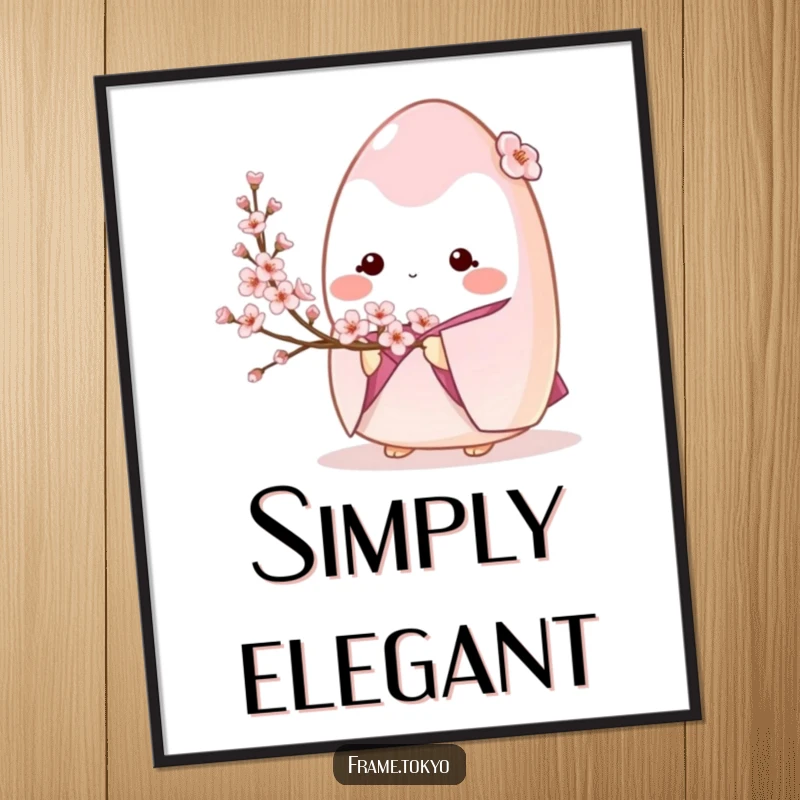 Shy onigiri character in a kimono delicately holding a cherry blossom branch, presented as art.