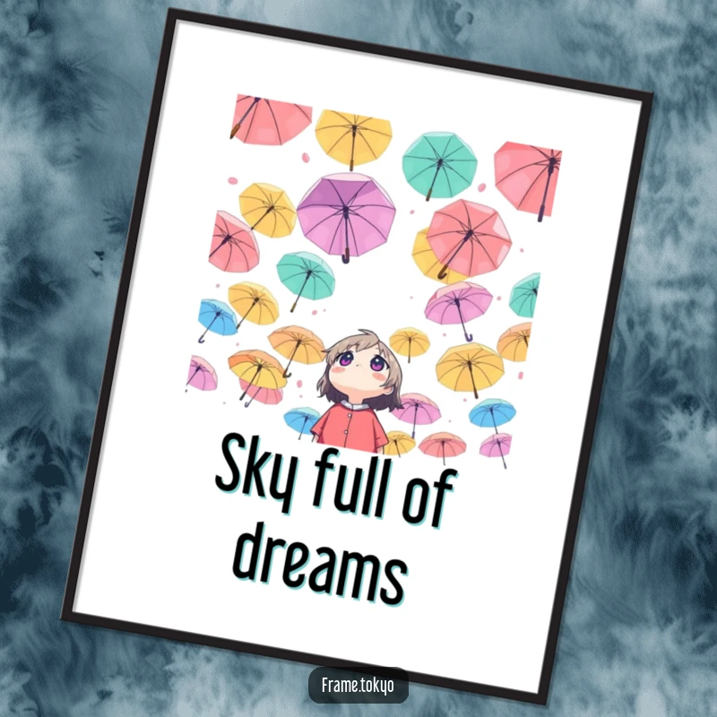 Funny Character Poster: Character looking up in wonder at a sky of colorful floating umbrellas, whimsical art.