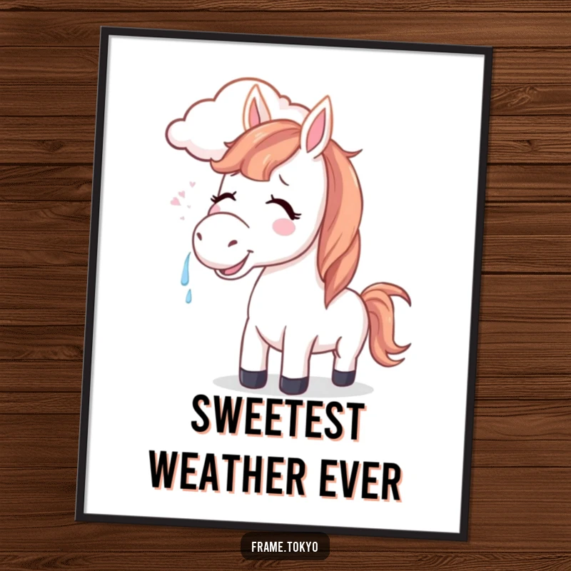 Funny horse poster showing a horse with joyful tears, its mane caressed by a smiling cloud, creating a peaceful scene.