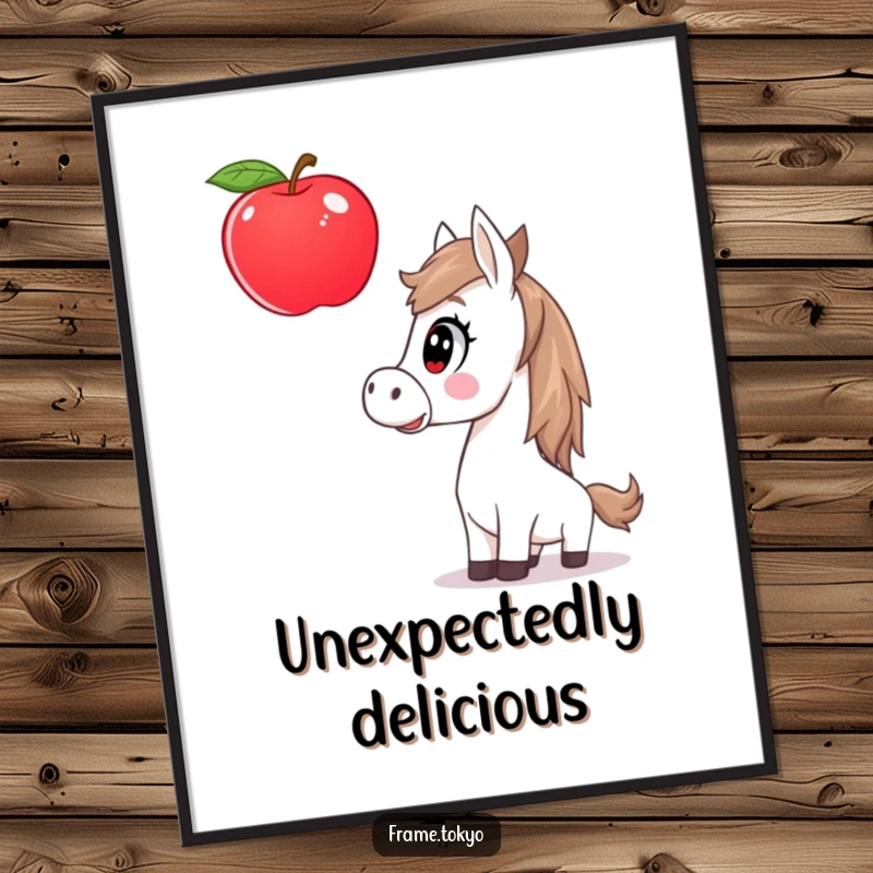 Funny horse poster showing a surprised horse staring at a massive, levitating apple, creating a comical and surreal scene.