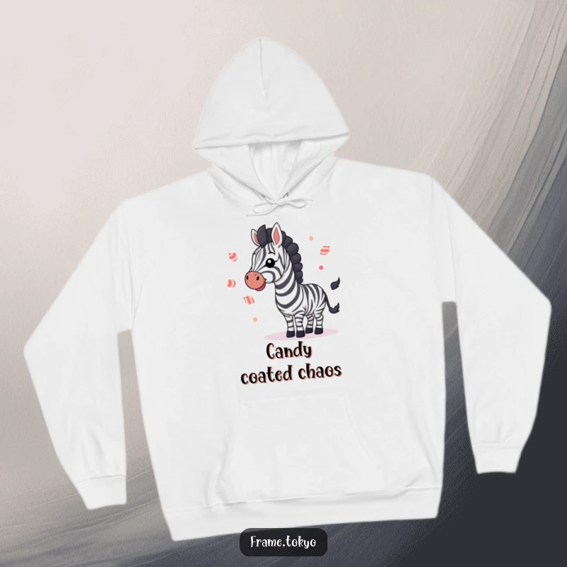 Funny zebra in a joyful wave, expertly juggling small striped candies, featured on a cozy, hilarious hoodie.