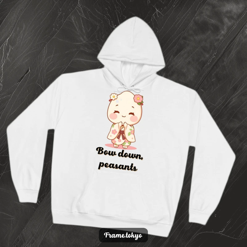 Funny mochi character in a floral kimono gracefully bowing, featured on a comfortable hoodie.