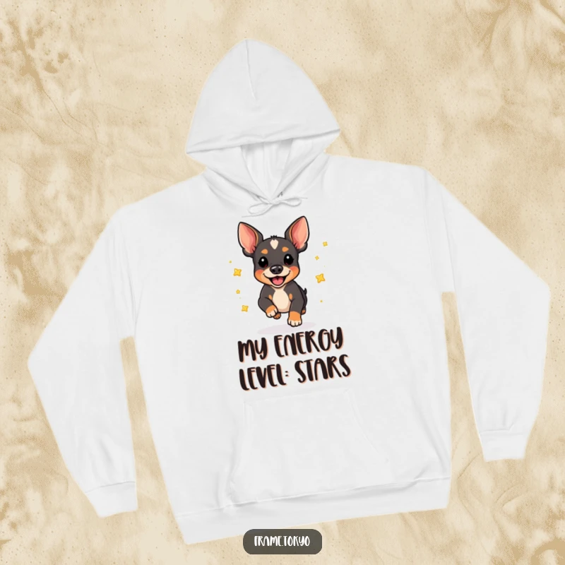 Funny pinscher dog hoodie, depicted mid-pounce, scattering a constellation of tiny, shiny stars. Highlights energetic playfulness.