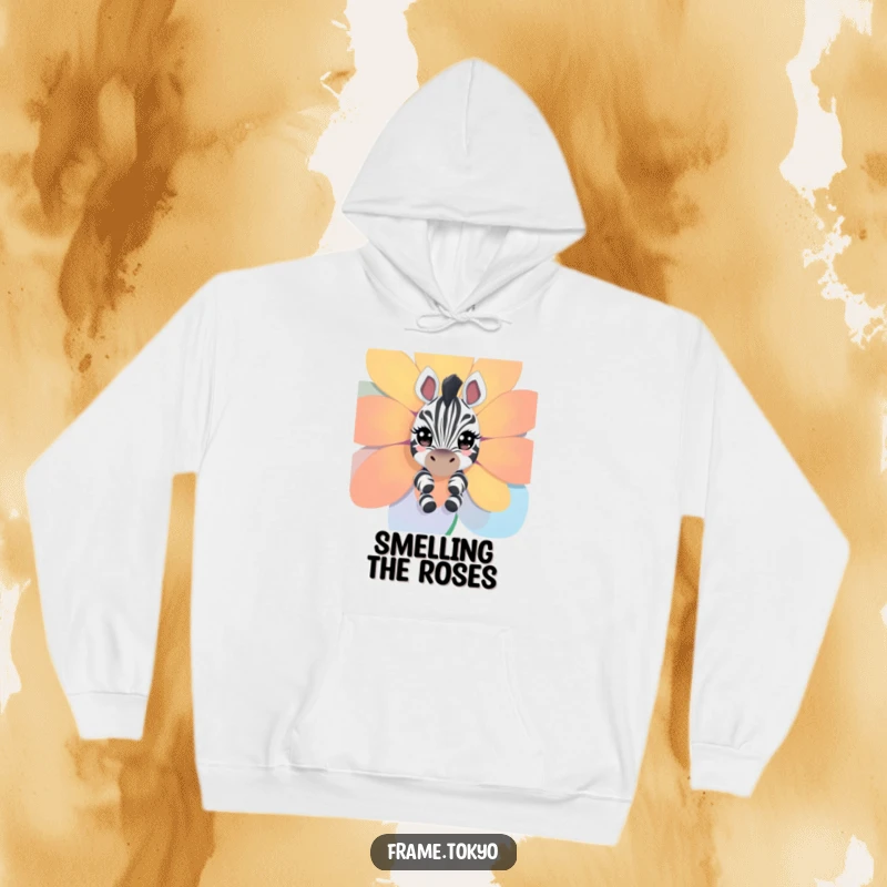 Funny zebra hoodie; a curious zebra with bright, sparkling eyes peeks from behind a large flower, looking delighted.
