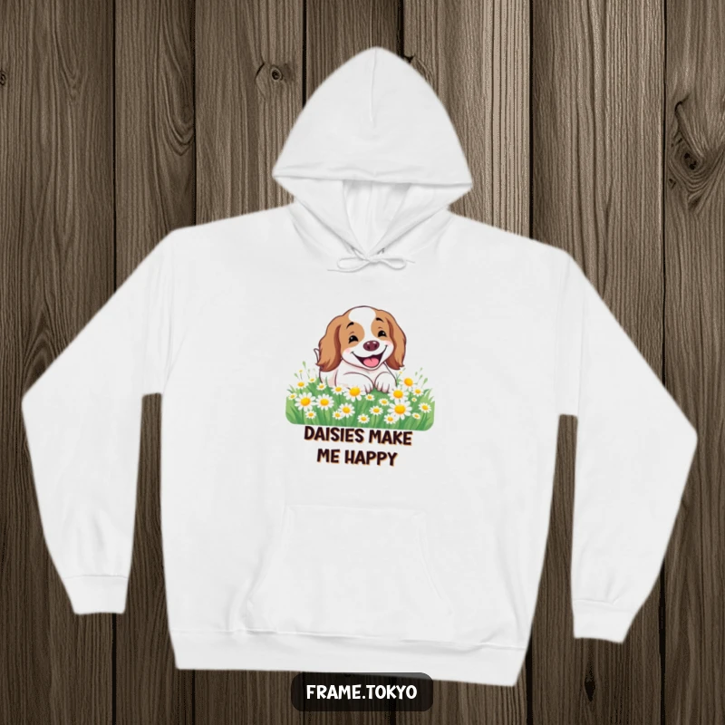Funny Spaniel Hoodie with a spaniel beaming with joy while rolling happily in a field brimming with daisies.