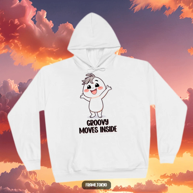 Funny hoodie featuring a character with a wide, beaming smile, striking a hilariously silly dance pose.