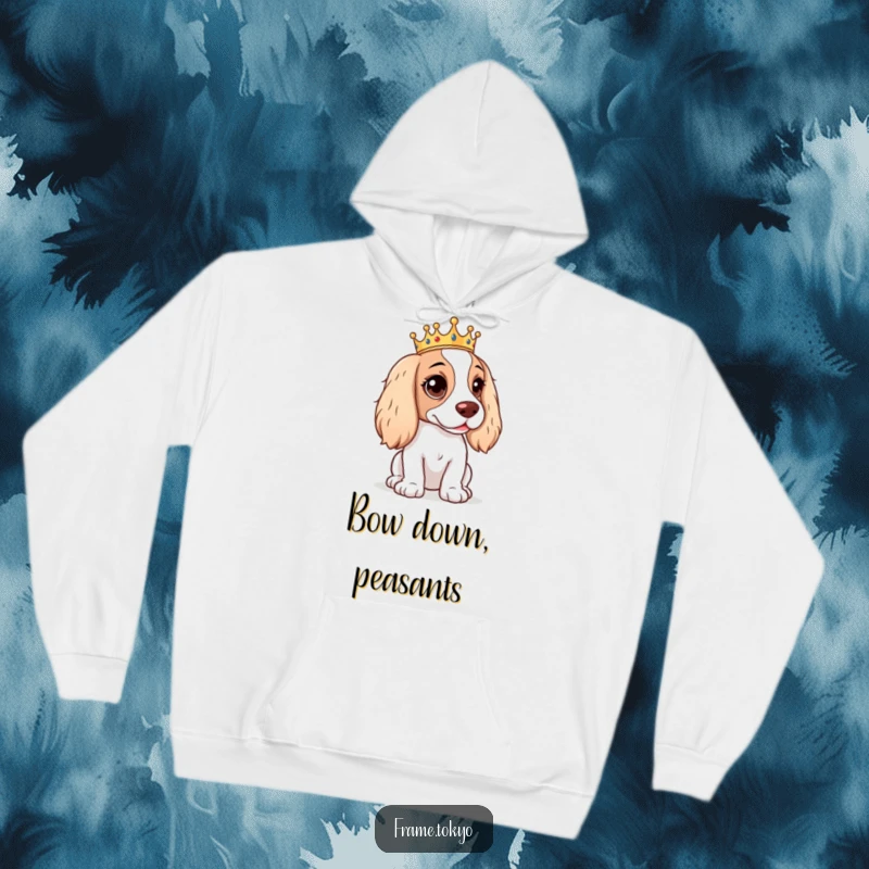 Funny Spaniel Hoodie showing a spaniel with a mischievous glint, sporting a tiny crown, ready to cause adorable trouble.