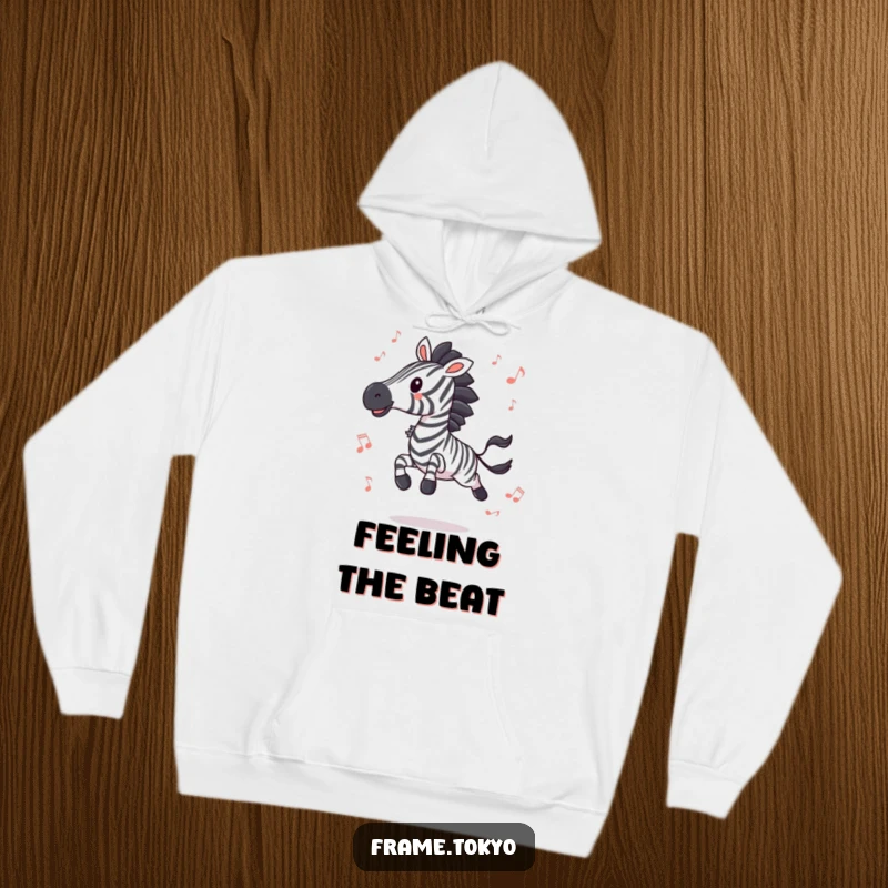 Funny zebra soaring with excitement surrounded by vibrant music notes, a cozy and hilarious hoodie for music enthusiasts.