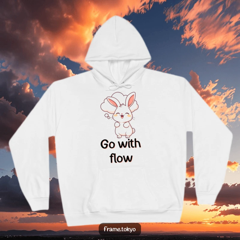 Funny hoodie design showing a joyful rabbit wiggling, serenely blown by a smiling, soft, fluffy cloud.