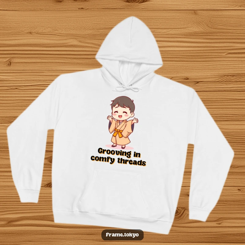 Funny hoodie with a happy character in a traditional Japanese robe doing a silly dance, offering warmth and cheer.