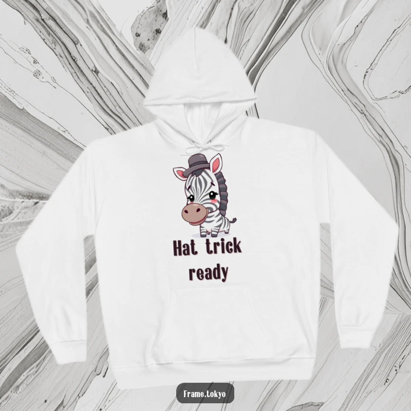 Funny zebra hoodie; a happy zebra balances a small top hat, radiating joy and stylish humor.