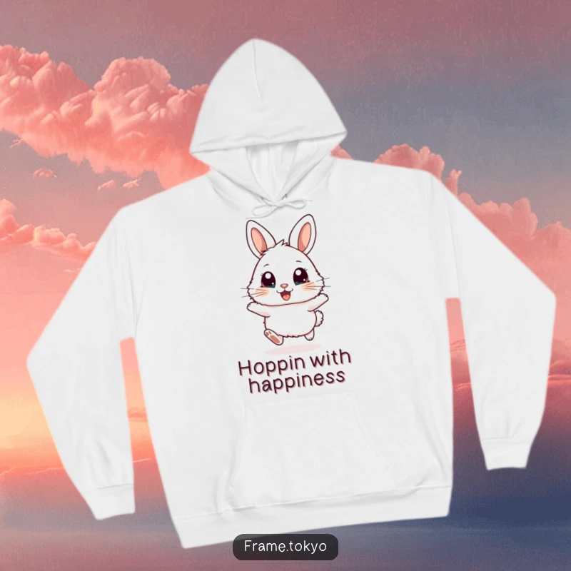 Funny hoodie featuring a fluffy rabbit with big, excited eyes, captured in a dynamic, joyful hopping motion.
