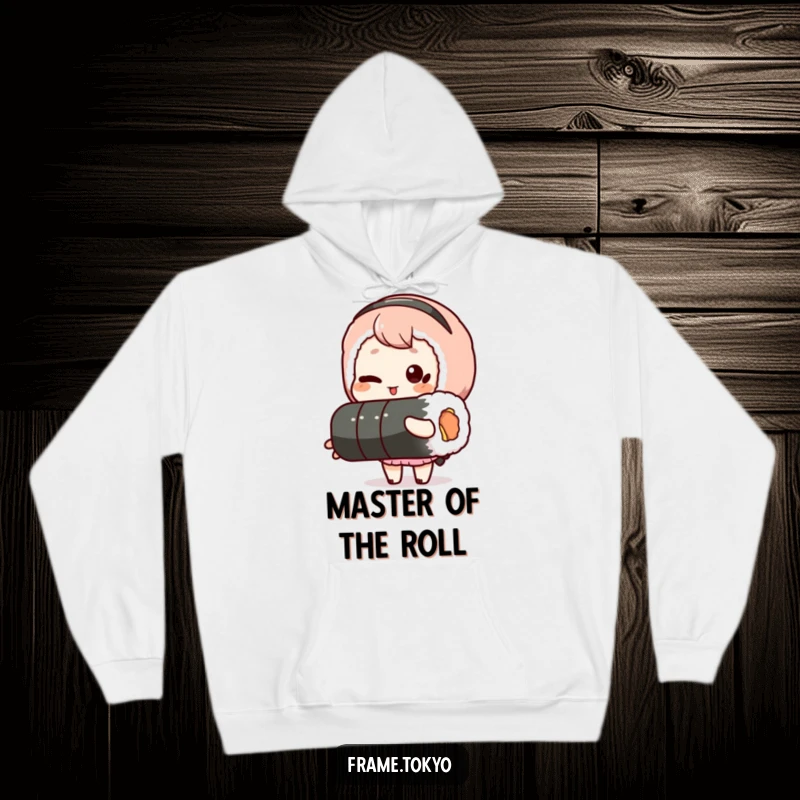 Funny hoodie with a winking character holding a single, long sushi roll, offering warm comfort and hilarious foodie vibes.