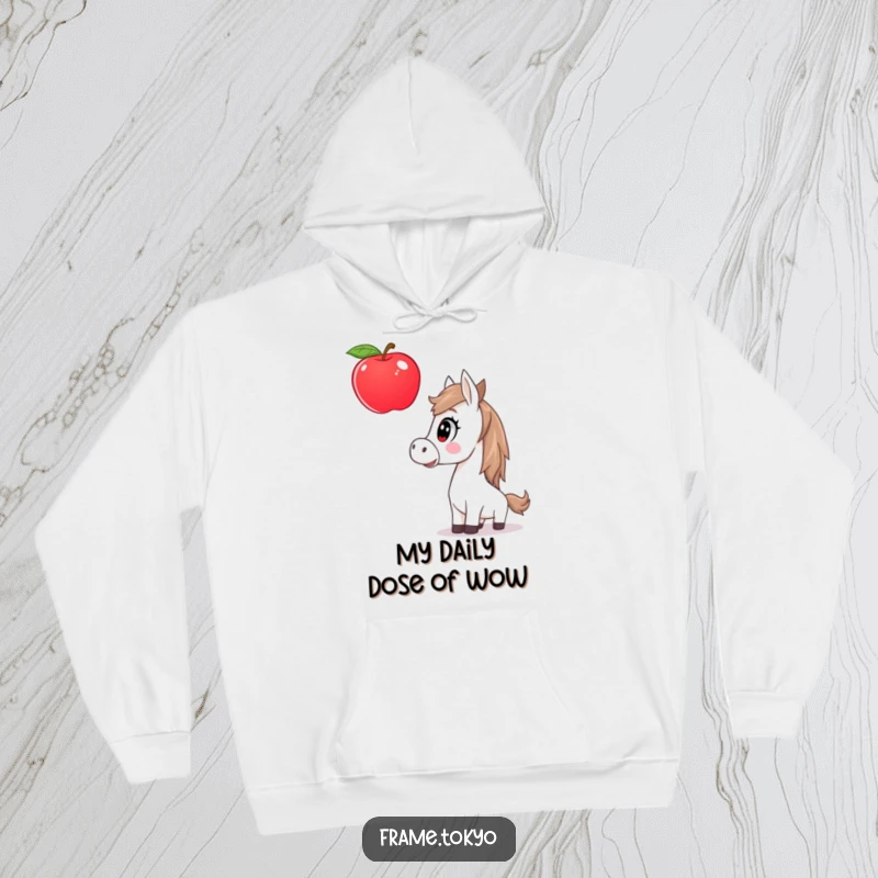 Funny horse hoodie capturing a surprised equine staring in disbelief at a colossal, floating apple, adding humor to any outfit.