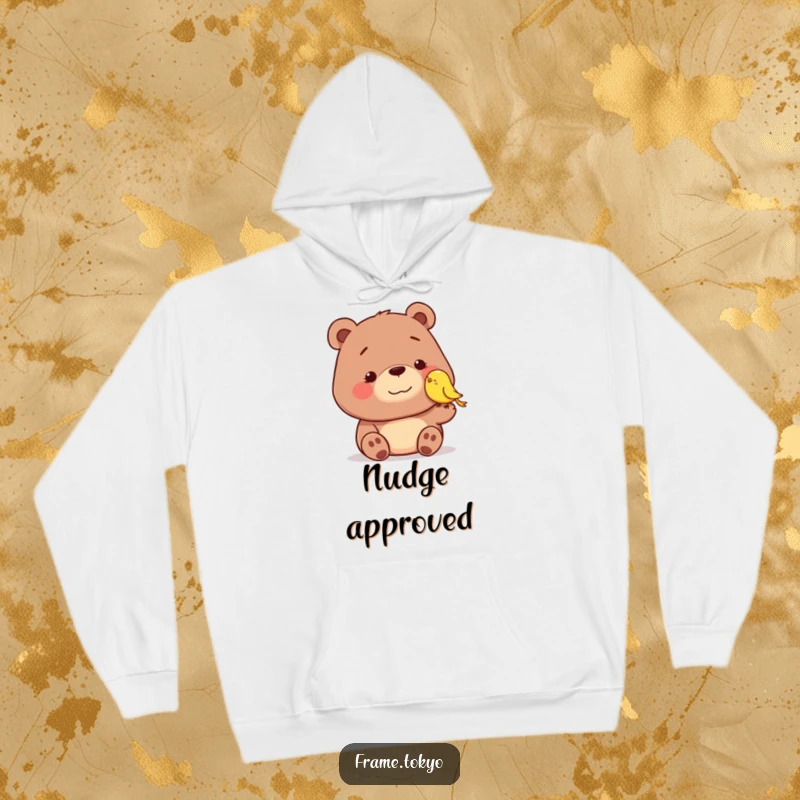 Funny hoodie featuring a dopey-smiling bear being gently nudged by a tiny, smiling bird, illustrating a moment of sweet, comical companionship.