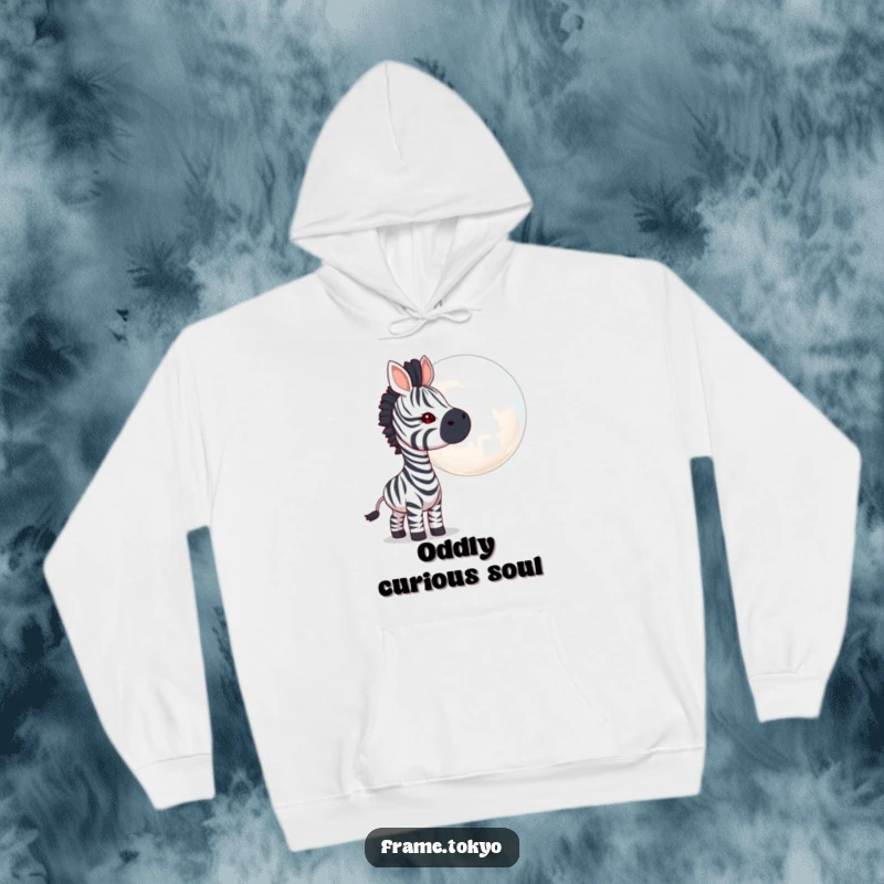 Funny zebra hoodie, curious head tilt, sniffing a giant floating bubble, conveying playful fascination and lighthearted joy.