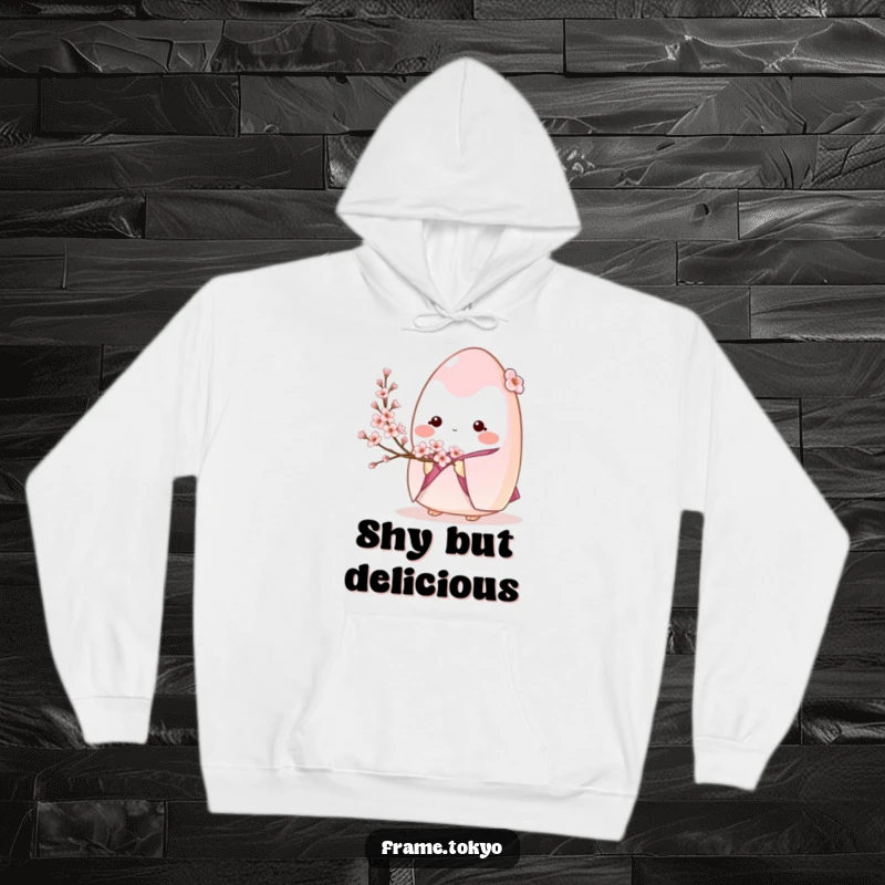 Funny onigiri character in a kimono, shyly holding cherry blossoms, featured on a comfortable hoodie.