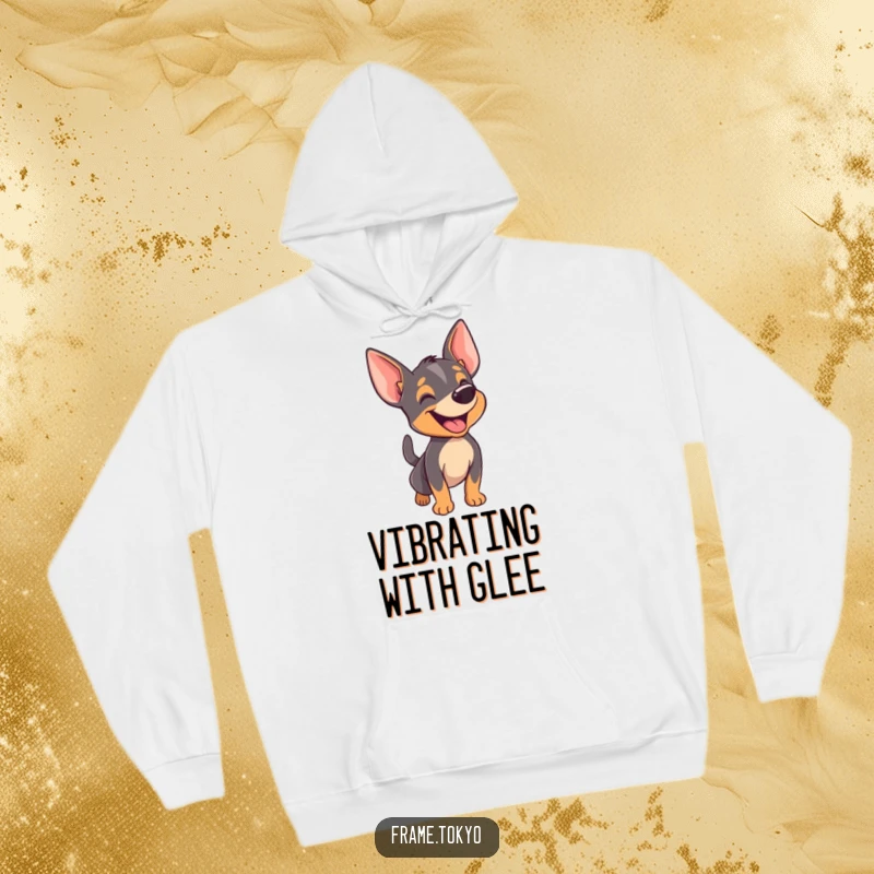Funny pinscher hoodie depicting a dog happily barking with its tail wagging furiously, embodying contagious canine joy.