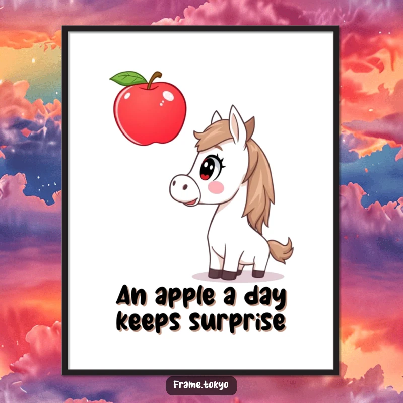 Funny Free Printable Wall Art: A horse exhibits extreme surprise while staring at a gigantic, floating apple.