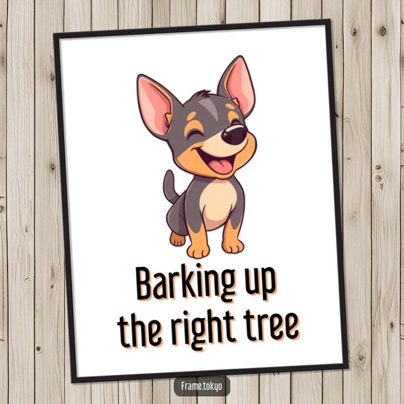 Funny Free Printable Pinscher Wall Art: A happy Pinscher with its mouth open in a bark and tail wagging rapidly.